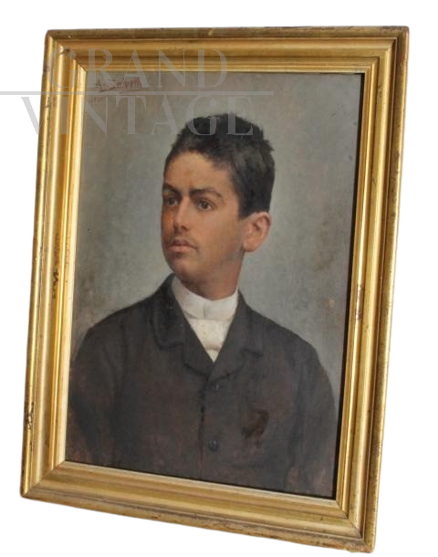 Antonio Salvetti - Dipinto antico con ritratto di giovane ragazzo, olio su tela 1890                            