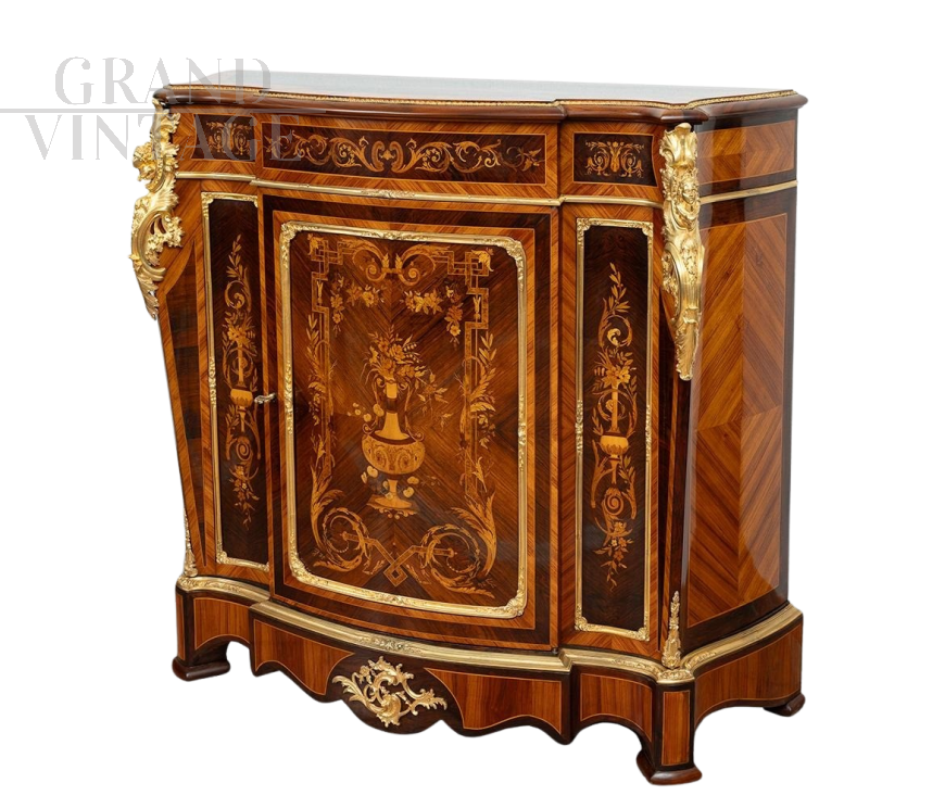 Credenza antica Napoleone III Francese ricca di intarsi e bronzi                            