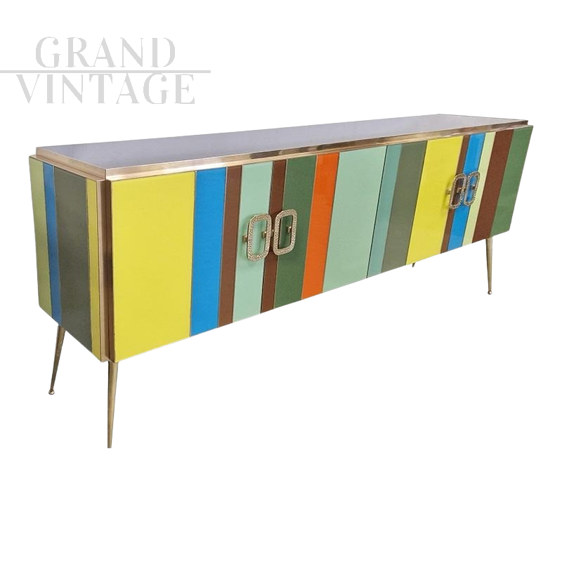 Credenza design a 4 ante con strisce in vetro multicolore                            