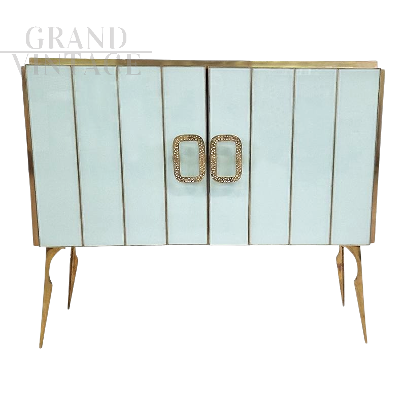 Credenza design a due ante in vetro bianco e ottone                            