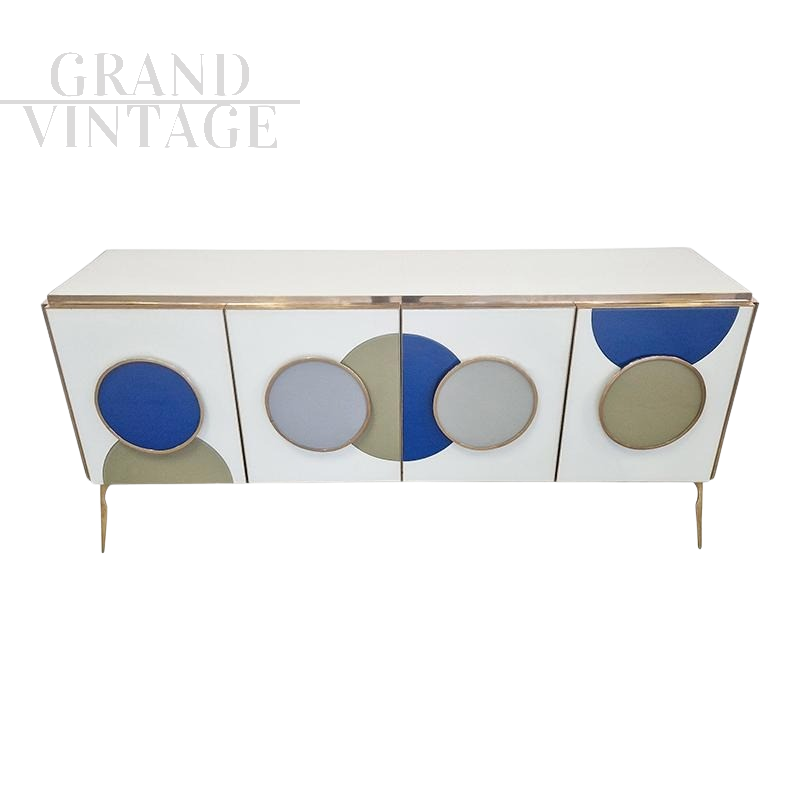 Credenza illuminata in vetro bianco con cerchi blu                            