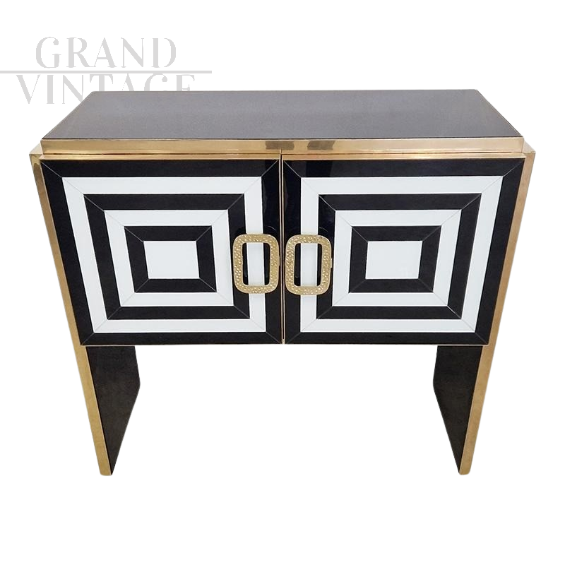 Credenza mobile bar in vetro bianco e nero con interno a specchio                            