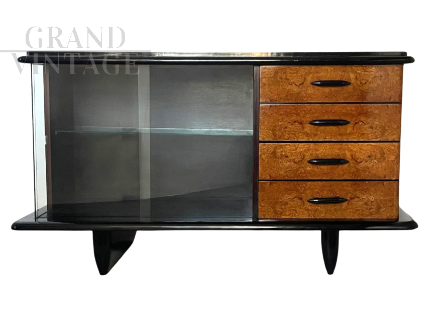 Credenza buffet Art Déco anni '30 in radica con anta a vetro                            