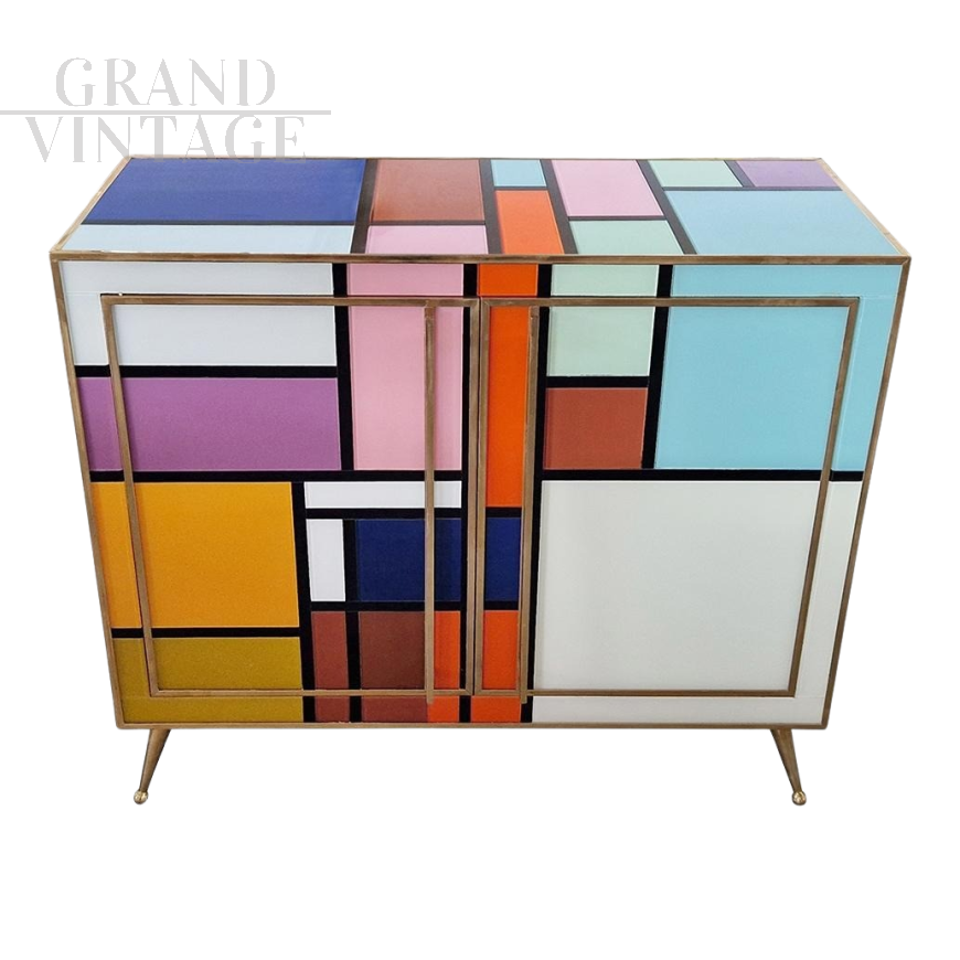 Credenza design in vetro multicolore con interno a specchio illuminato                            