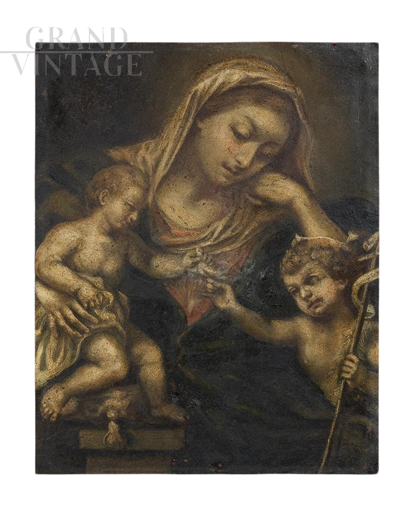 Dipinto antico su rame raffigurante Madonna col Bambino e San Giovannino                            