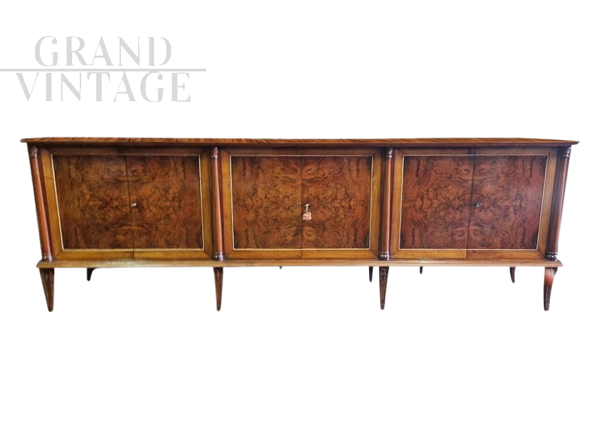 Grande credenza Art Déco a sei ante in noce e radica, anni '30                            