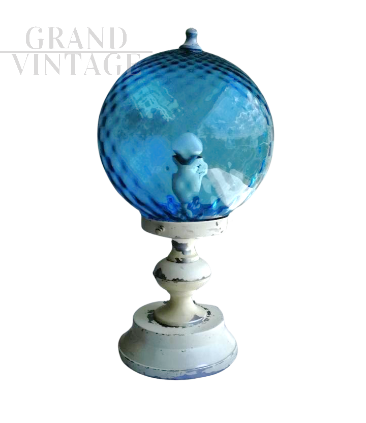 Lampada da tavolo anni '70 con vetro azzurro                            