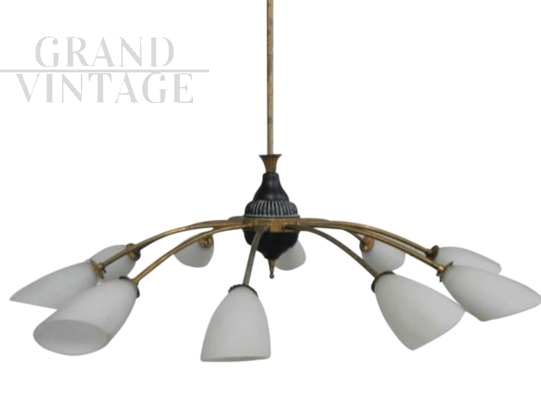 Lampadario vintage a dieci luci stile Stilnovo anni '50