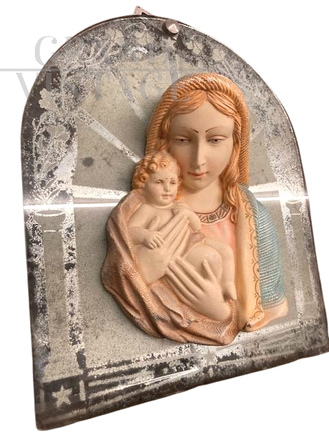 Madonna capoletto in ceramica anni '40 su base a specchio                            