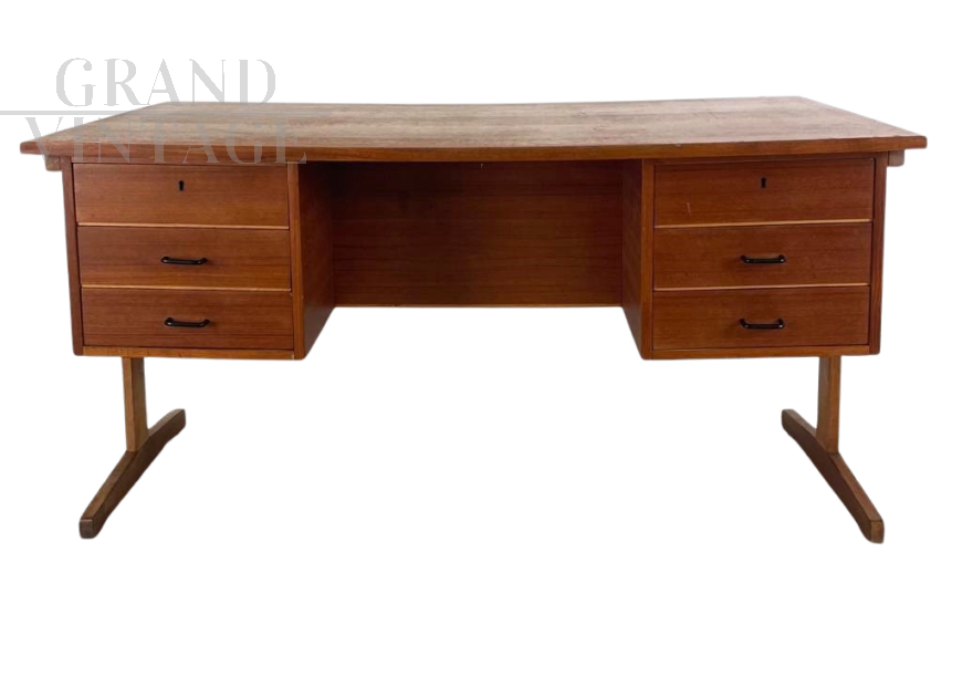 Scrivania vintage italiana in legno scuro di teak e acero     