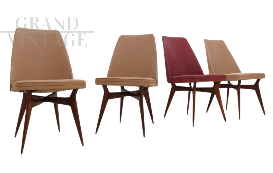 Set di 4 sedie design di Melchiorre Bega in legno ed ecopelle, anni '50