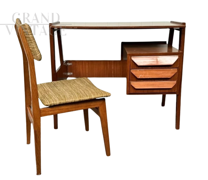 Set scrivania e sedia stile Vittorio Dassi in mogano e teak                            