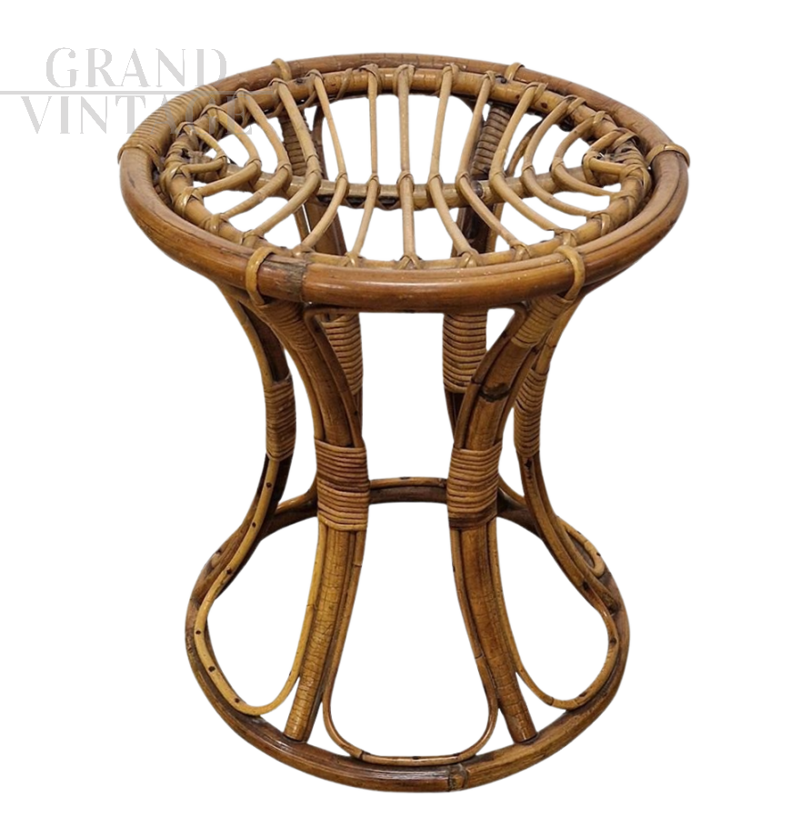 Tabouret rond en bambou et rotin