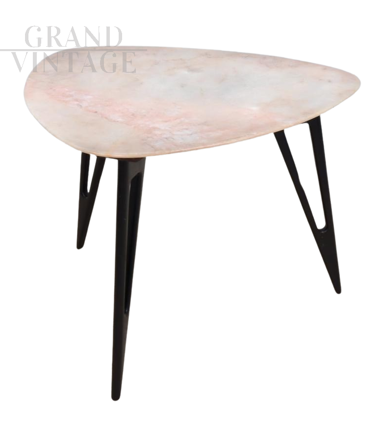 Tavolino vintage tripode con piano in marmo rosa, anni '50                            