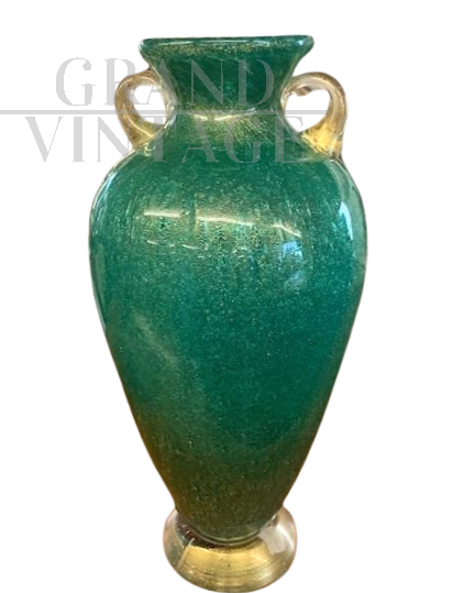 Vaso di Flavio Poli per Seguso in vetro di Murano verde con bollicine                            