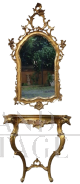 Antique console with gilded and carved mirror, Italy late 19th century