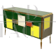 Three-door sideboard in brass and green and colored glass