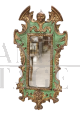 Gothic style mirror in green and gold lacquered wood, 1980s  