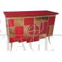 Credenza in vetro rosso bordeaux con inserti a specchio e 2 ante illuminate