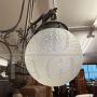 Lampadario liberty in ferro battuto e ottone con sfere di vetro, anni '30