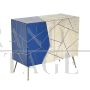 Credenza design rivestita in vetro blu e color pergamena                            