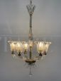   Lampadario Seguso in vetro di Murano trasparente e ottone                          