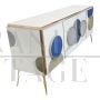 Credenza illuminata in vetro bianco con cerchi blu