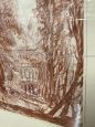 Dipinto disegno con paesaggio e architettura di metà '800 a matita sanguigna