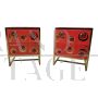 Coppia di comodini in vetro rosso e ottone                           