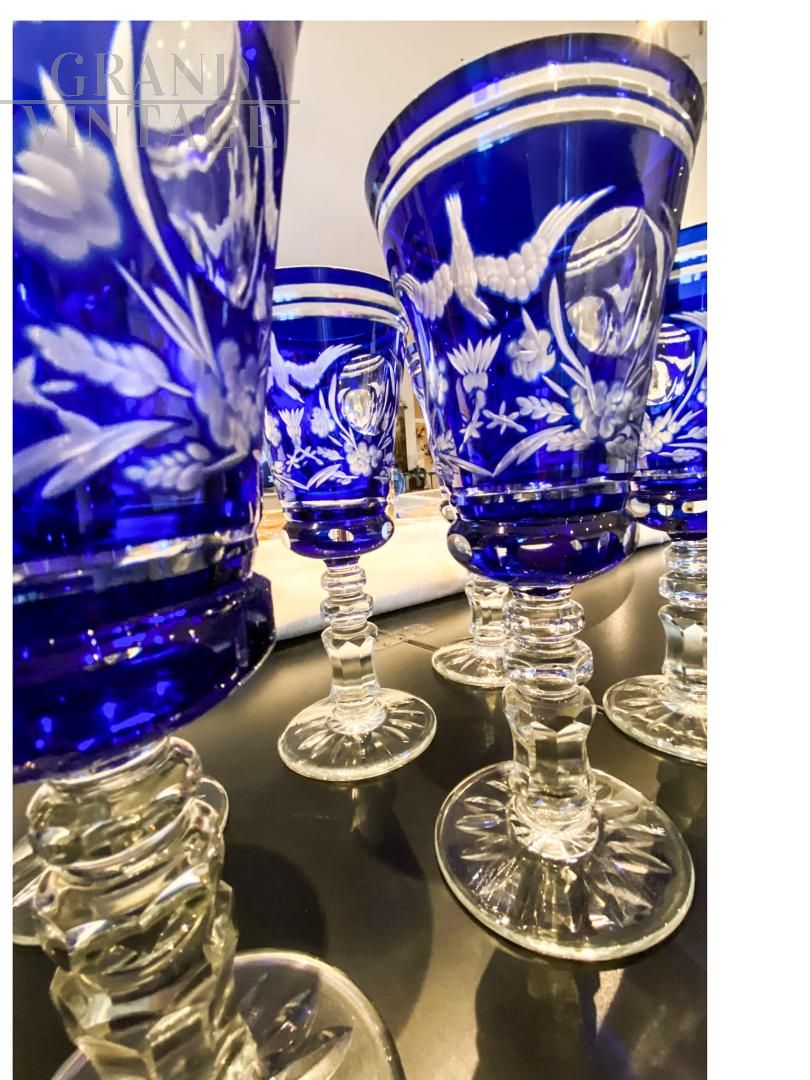 Set di 12 bicchieri e calici in vetro di Murano blu finemente
