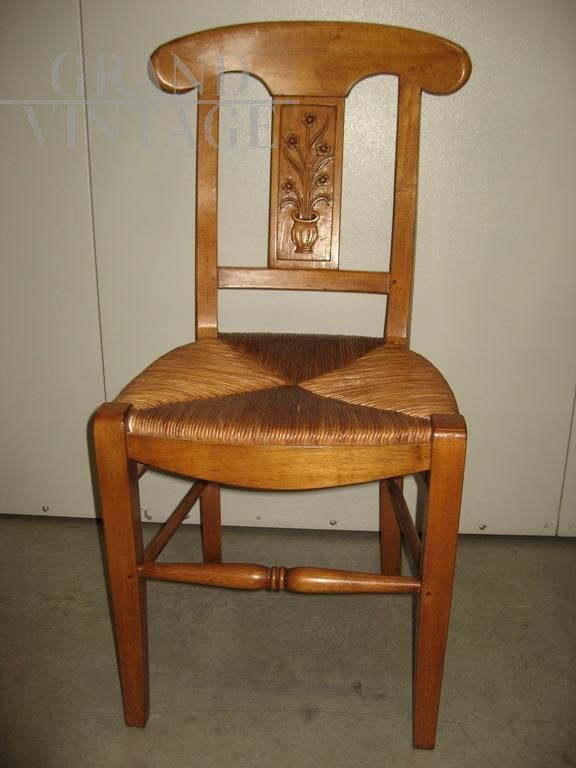 Set di 4 sedie in stile antico in noce mielato con seduta impagliata