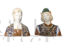 Coppia di sculture in maiolica di Minghetti con busti di personaggi rinascimentali                            