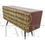 Credenza a tre ante in ottone con inserti circolari in vetro verde