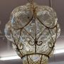 Lampadario a lanterna liberty anni '30 in vetro giallo e ferro battuto