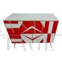 Credenza con geometrie in vetro bianco e rosso                            