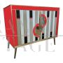 Credenza a due ante in vetro rosso e ottone dorato                            