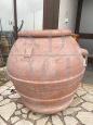 Enorme vaso orcio antico per olio in terracotta con marchio, Toscana XIX secolo