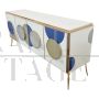 Credenza illuminata in vetro bianco con cerchi blu