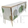 Credenza illuminata in vetro bianco con cerchi verdi