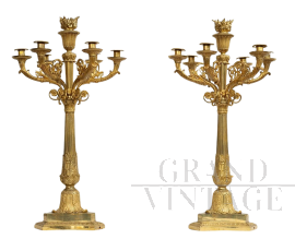 Coppia di candelabri flambeaux antichi Napoleone III in bronzo dorato                            