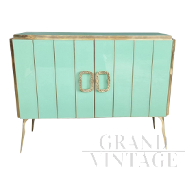 Credenza a due ante in vetro di Murano verde acqua e ottone                            