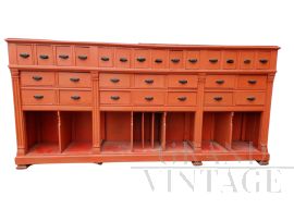 Grande bancone cassettiera industriale vintage arancione                            