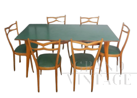 Set da pranzo vintage con tavolo e 6 sedie in stile Paolo Buffa, anni '50                            