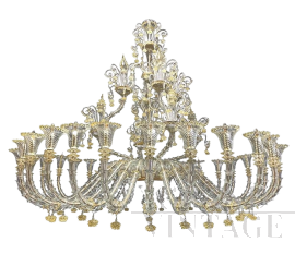 Sontuoso grande lampadario in vetro di Murano trasparente, bianco e oro                            