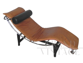 Chaise longue di ispirazione Bauhaus in pelle marrone cognac, anni '80                            