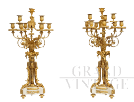 Coppia di candelabri antichi flambeaux Napoleone III in bronzo dorato                            