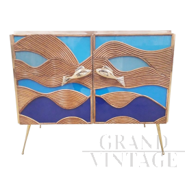 Credenza design in vetro e bamboo con motivi marini                            