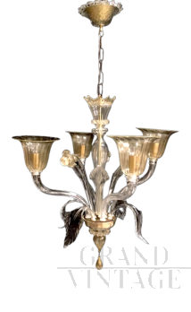 Lampadario Cesare Toso in vetro di Murano bianco e oro