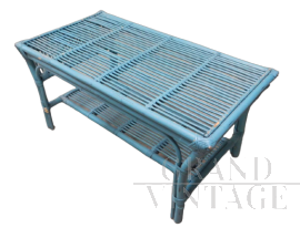 Tavolino vintage in rattan laccato azzurro, anni '70                            