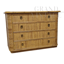 Bamboo and rattan chest of drawers with glass top    
